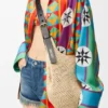 Small Punch Hole Hobo in Raffia and Calfskin