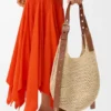 Small Punch Hole Hobo in Raffia and Calfskin